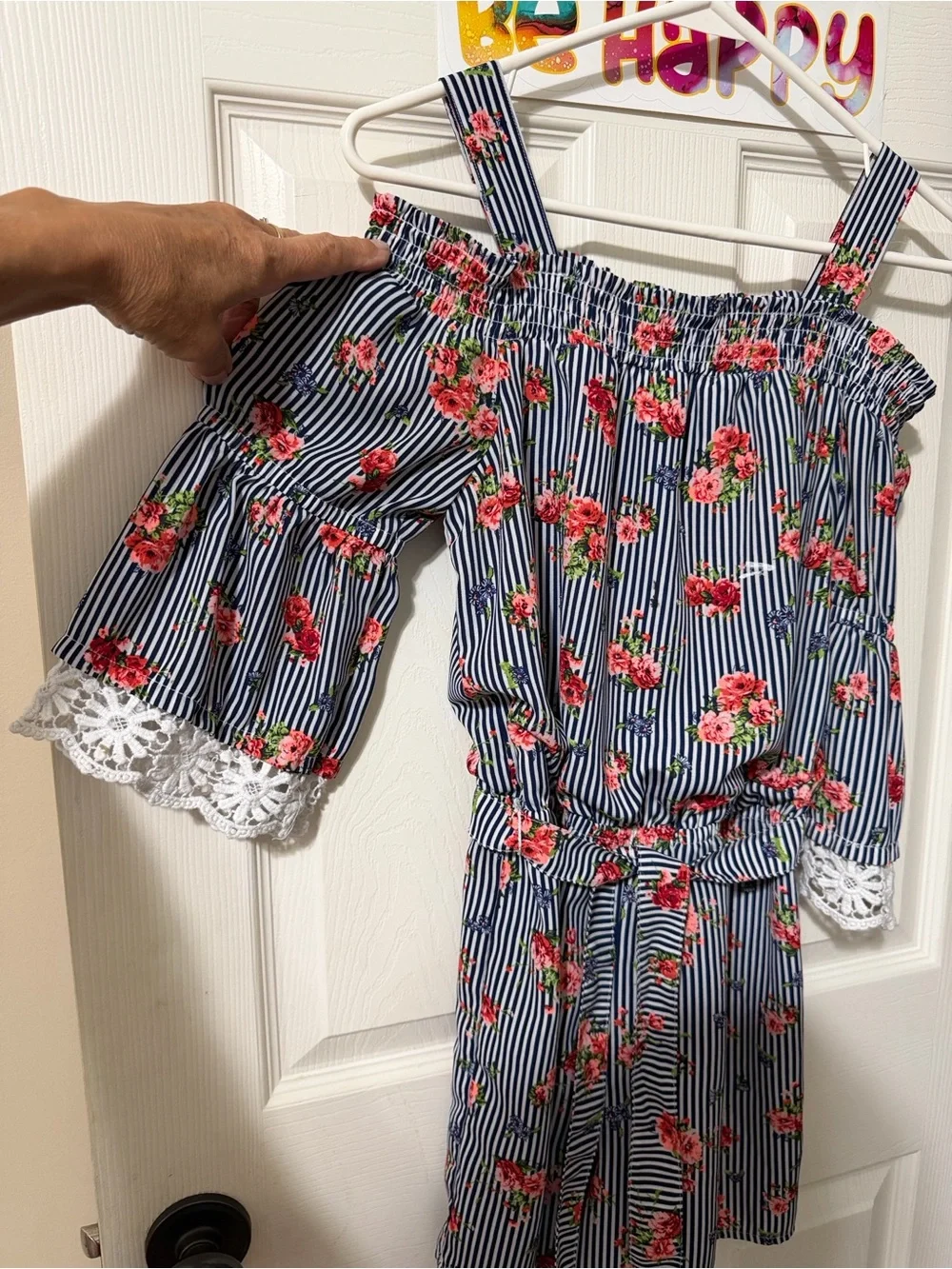 My Michelle Navy & White Striped Floral Cold-Shoulder One-Piece